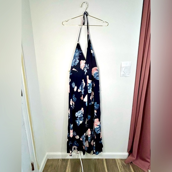 Simplee Floral Halter Maxi Dress Medium Navy Pink Blue Boho Summer Beach - Picture 1 of 10
